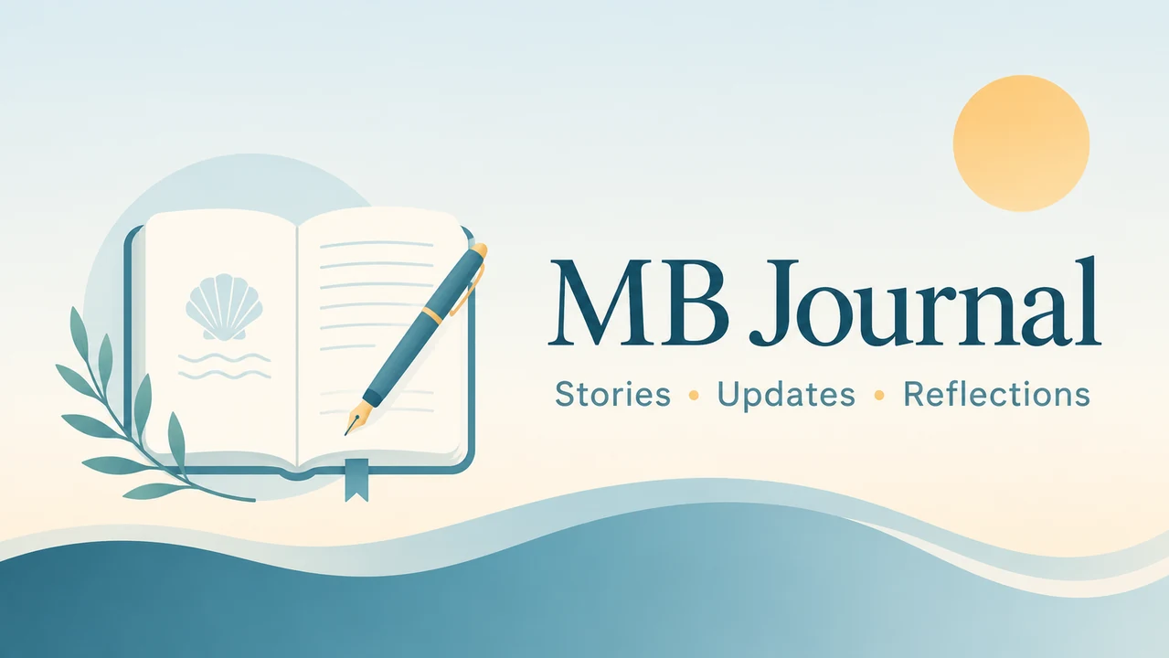 MB Journal coastal artwork with an open journal, fountain pen, sun, and BluSup waves