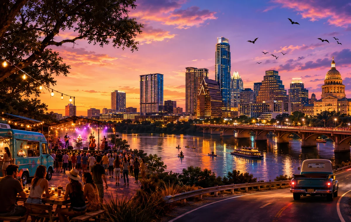 AustUp Austin Texas guide artwork with skyline, guitar, bats, and river colors