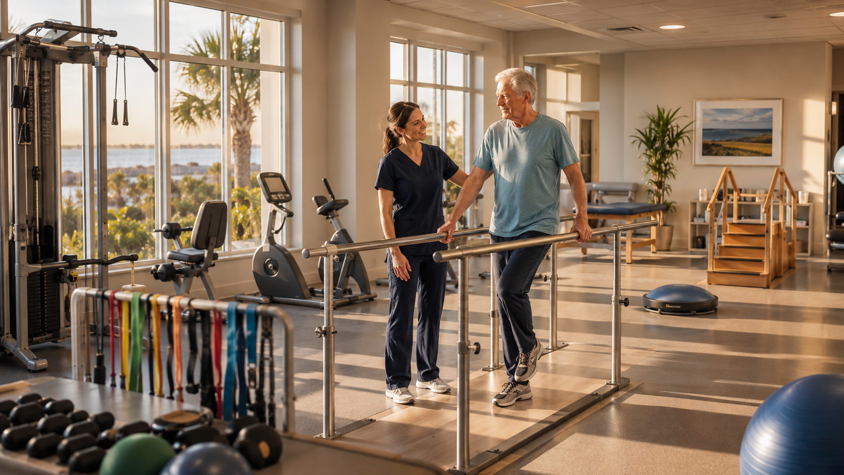 Warm conceptual scene of an older rehabilitation patient walking between therapy rails with professional support