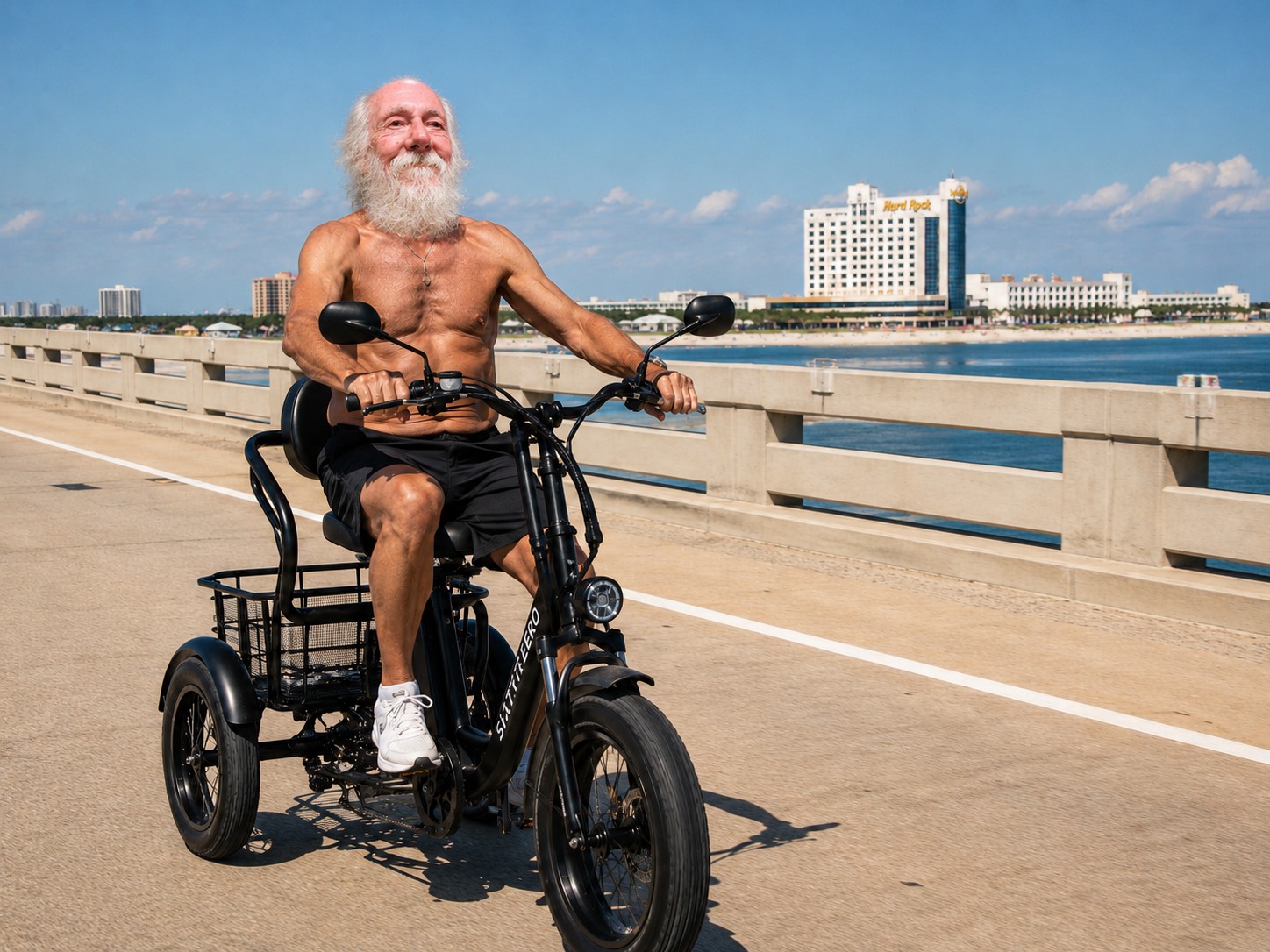Jim riding his black Lectric XP Trike across a Biloxi bridge with the waterfront and skyline in the background.